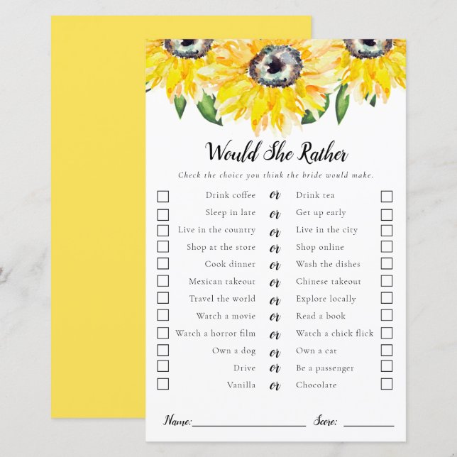 Would She Rather Sunflower Bridal Shower Game  (Front/Back)