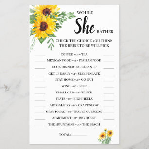 Would She Rather Sunflower Bridal Shower Game Card