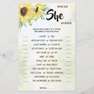 Would She Rather Sunflower Bridal Shower Game Card