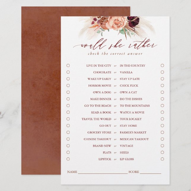 Would She Rather Terracotta Floral Bridal Game (Front/Back)