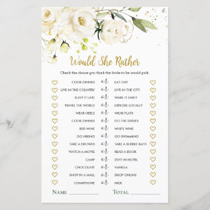 Would She Rather White Roses Bridal Shower Game