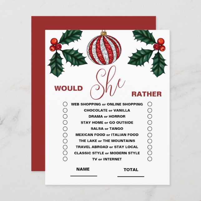 Would She Rather Winter Bridal Game (Front/Back)