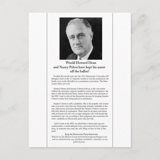 Would the DNC have kept FDR's name off the ballot? Postcard (Front)