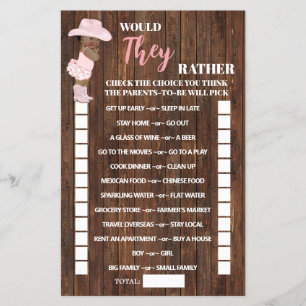 Would They Rather AA Cowgirl Baby Shower Game Card