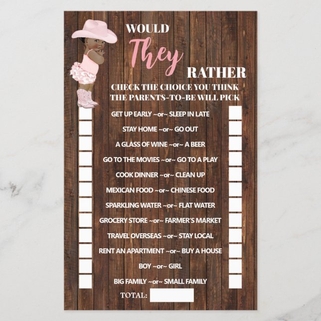Would They Rather AA Cowgirl Baby Shower Game Card (Front)