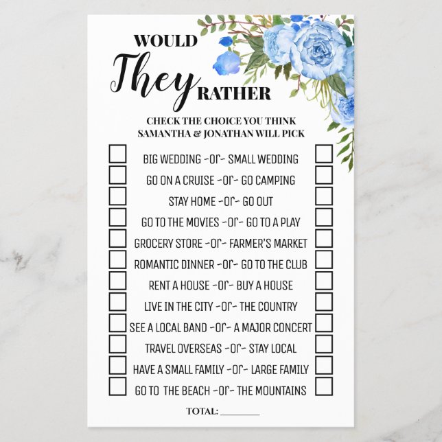 Would They Rather Blue Bridal Shower Game Card (Front)