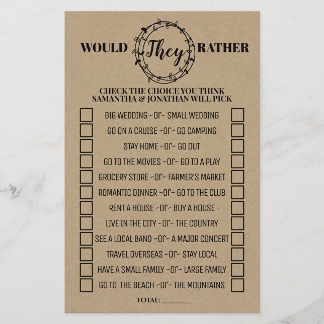 Would They Rather Bridal Shower Rustic Game Card (Front)