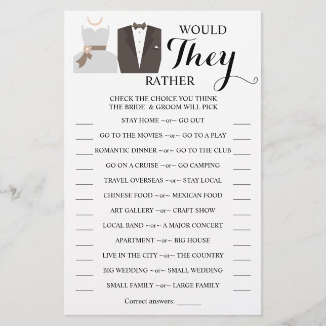 Would They Rather Bride & Groom Shower Game Card (Front)