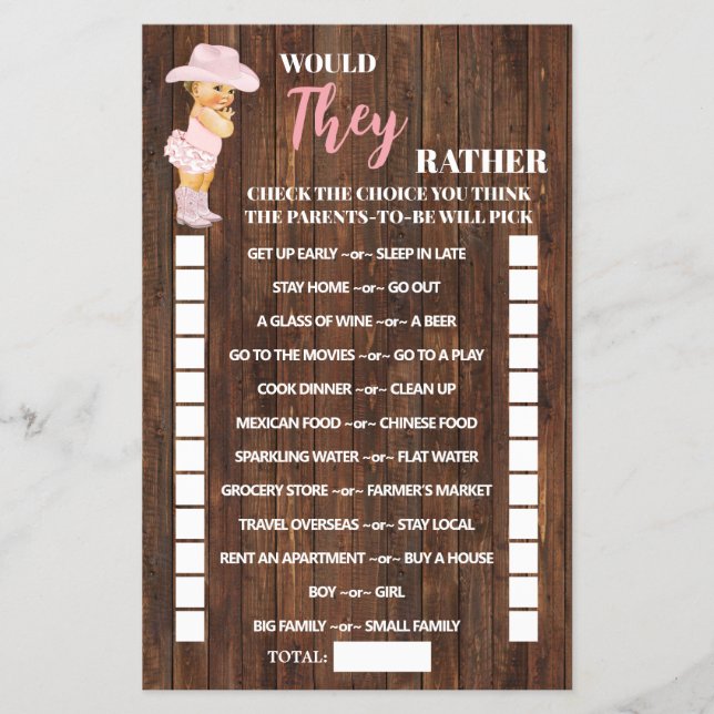 Would They Rather Cowgirl Baby Shower Game Card (Front)