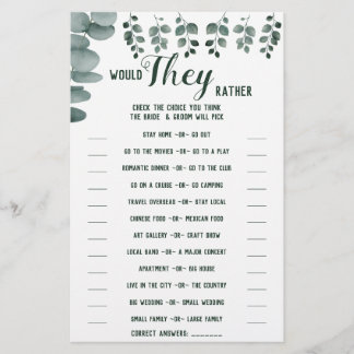 Would They Rather Eucalyptus Shower Game Card