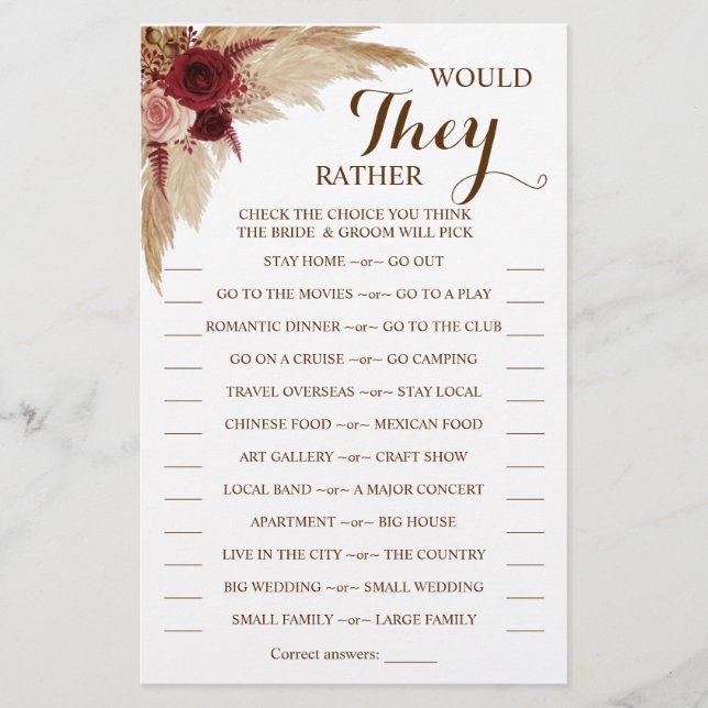 Would They Rather Pampas Grass Shower Game Card (Front)