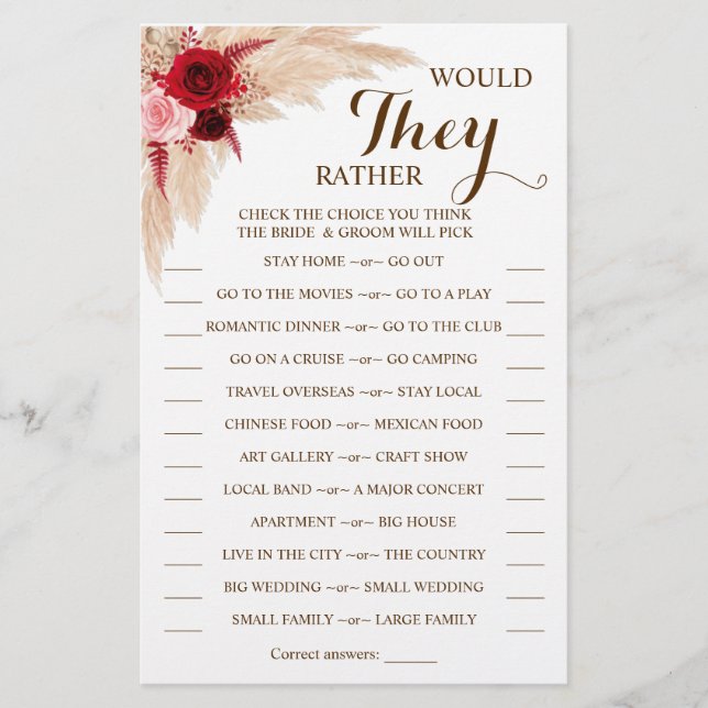 Would They Rather Pampas Grass Shower Game Card (Front)
