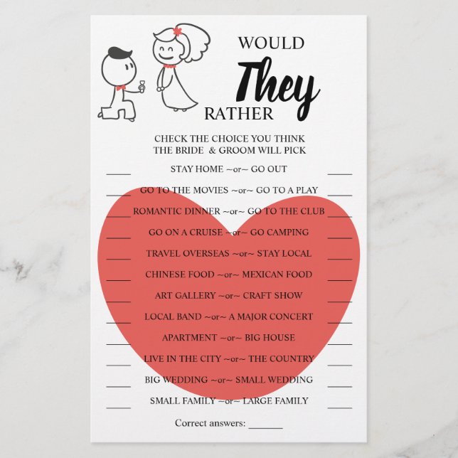 Would They Rather Wedding Couple Shower Game Card (Front)