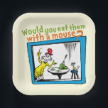 Would You Eat Them With A Mouse? Paper Plate<br><div class="desc">This officially licensed design features a memorable moment straight from the pages of the beloved Dr. Seuss book, Green Eggs and Ham. The illustration shows the always-persistent Sam-I-Am gesturing toward his famous dish on a table, while a little mouse sits patiently nearby on a tiny stool. The classic rhyming question,...</div>