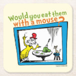 Would You Eat Them With A Mouse? Square Paper Coaster<br><div class="desc">This officially licensed design features a memorable moment straight from the pages of the beloved Dr. Seuss book, Green Eggs and Ham. The illustration shows the always-persistent Sam-I-Am gesturing toward his famous dish on a table, while a little mouse sits patiently nearby on a tiny stool. The classic rhyming question,...</div>