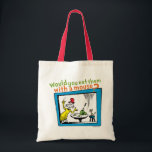 Would You Eat Them With A Mouse? Tote Bag<br><div class="desc">This officially licensed design features a memorable moment straight from the pages of the beloved Dr. Seuss book, Green Eggs and Ham. The illustration shows the always-persistent Sam-I-Am gesturing toward his famous dish on a table, while a little mouse sits patiently nearby on a tiny stool. The classic rhyming question,...</div>