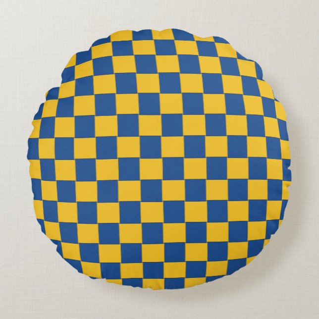 Woven Blue and Yellow Chequered Round Pillow (Front)