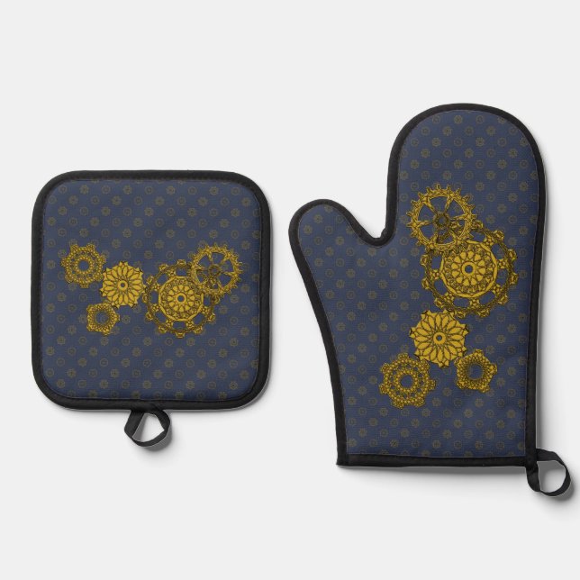 Woven Clockwork Oven Mitt & Pot Holder Set (Front)