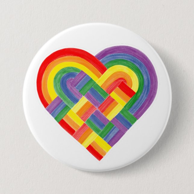 Woven Heart LGBTQ+ Rainbow Pride Flag 3 Inch Round Button (Front)