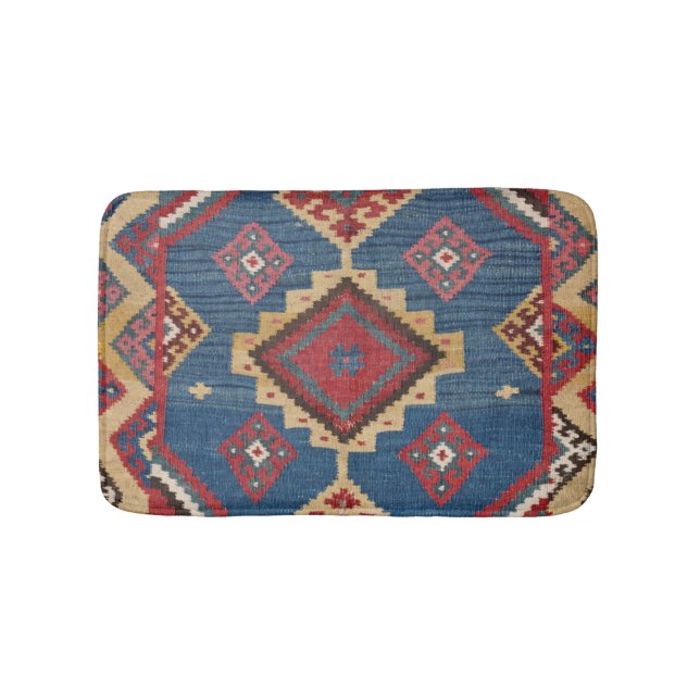 Woven Kilim Colourful Royal Blue Yellow  Bath Mat (Front)