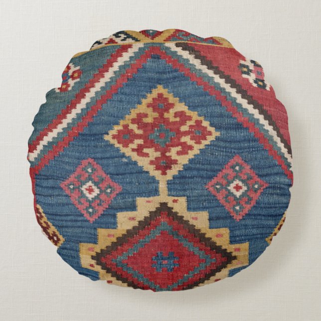 Woven Kilim Royal Blue Yellow Classic  Round Pillow (Front)