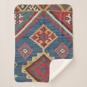 Woven Kilim Royal Blue Yellow Classic  Sherpa Blanket