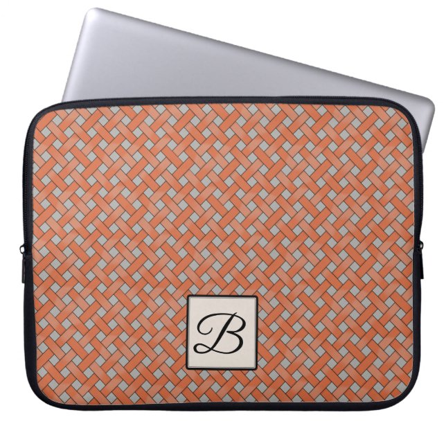 Woven Orange Rattan on Custom Grey with Monogram Laptop Sleeve (Front)