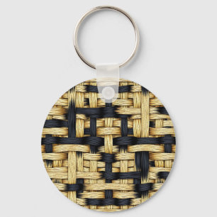 Woven Rattan Basketweave Texture Black Natural Keychain