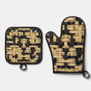 Woven Rattan Basketweave Texture Black Natural  Oven Mitt & Pot Holder Set