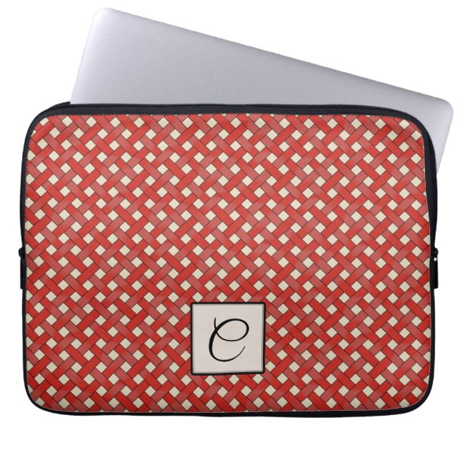 Woven Red Rattan on Custom Cream with Monogram Laptop Sleeve (Front)