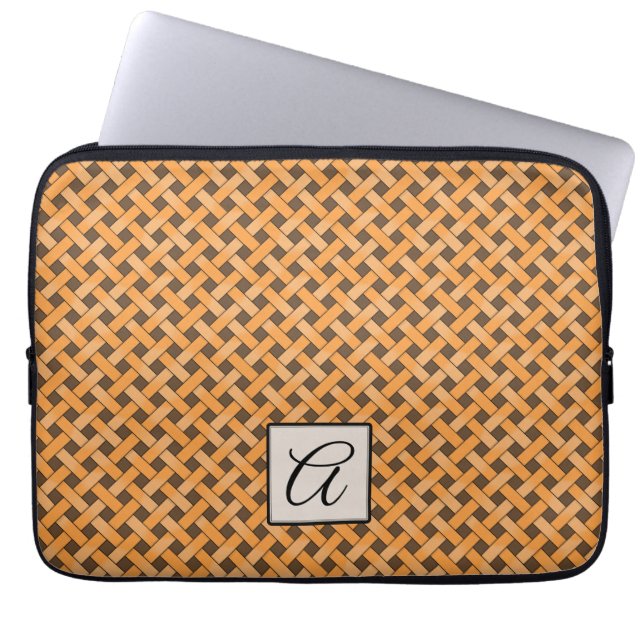 Woven Yellow Rattan on Custom Brown with Monogram Laptop Sleeve (Front)