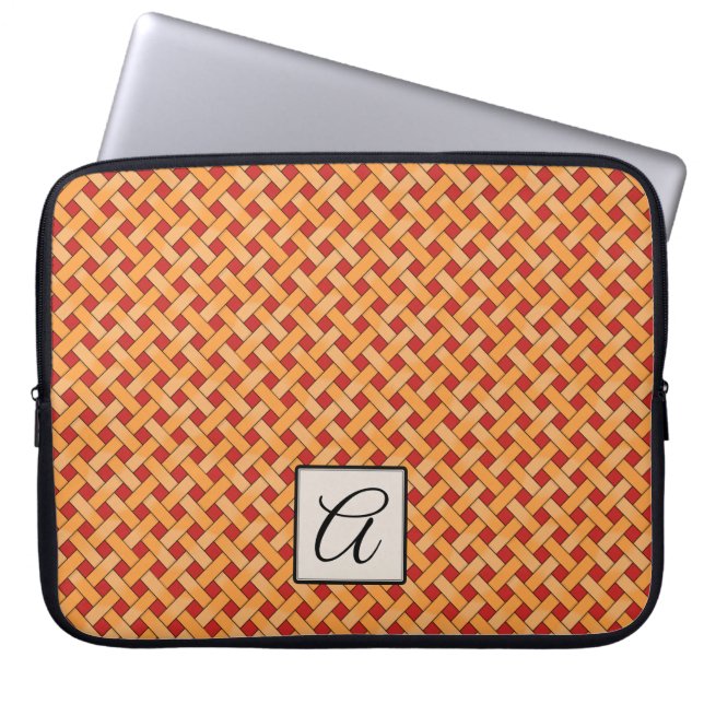 Woven Yellow Rattan on Custom Red with Monogram Laptop Sleeve (Front)