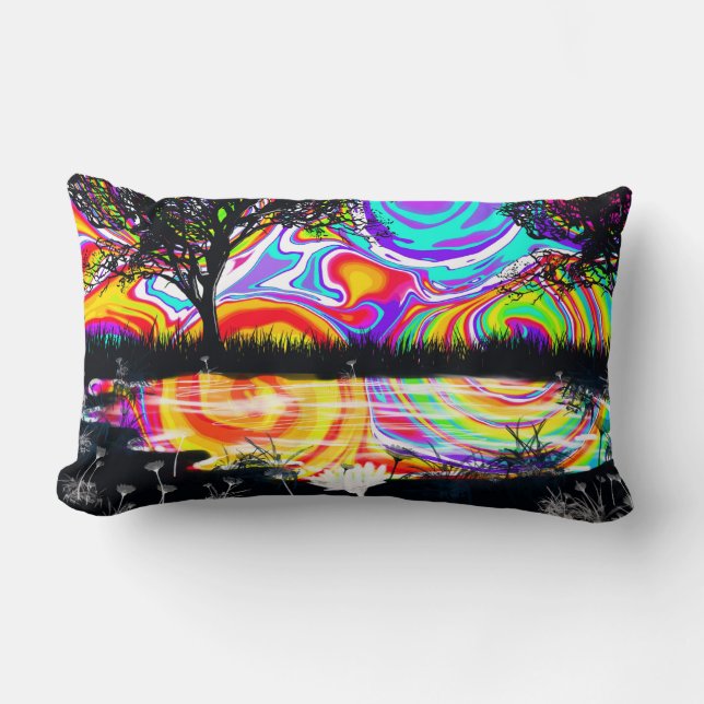 Wow, bright psychedelic with black silhouette tree lumbar pillow (Front)