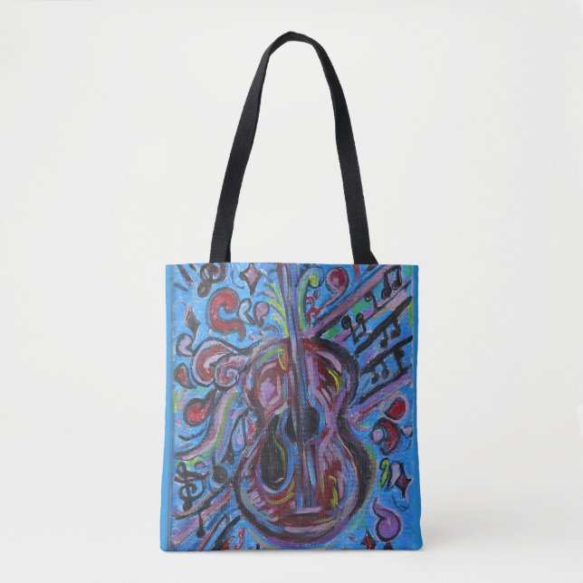 Wow Jazzy Blue  Guitar Folk Art Tote Bag (Front)