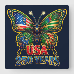 WOW! Wings of Freedom Butterfly USA 250 Years Square Wall Clock