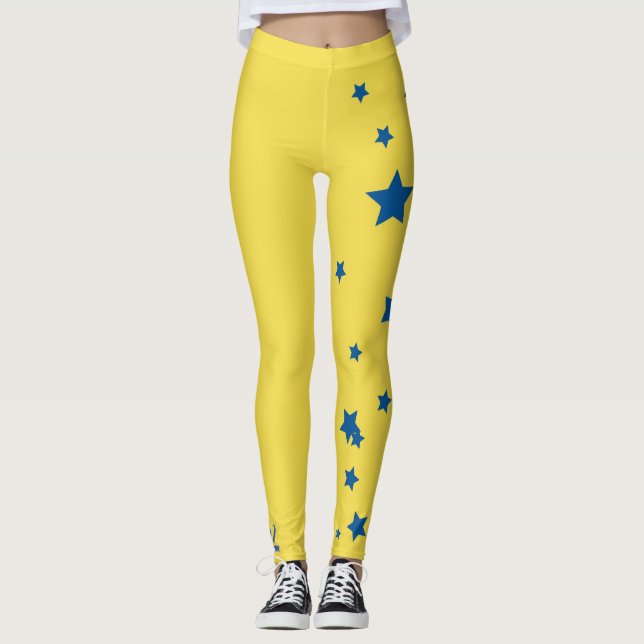 Wow! Yellow and Blue Star Down Syndrome Leggings (Front)