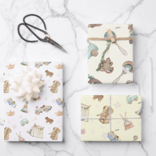 WP Boho   Names on (2) Vintage Toys Wrapping Paper Sheet