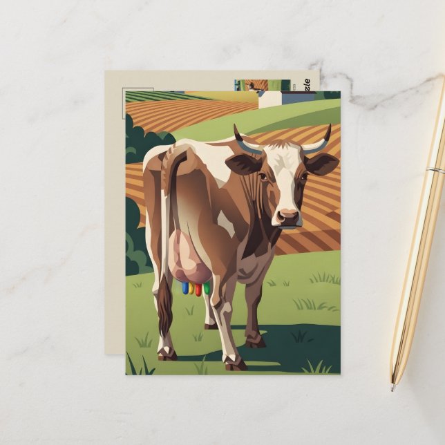 WPA‑Style Funny Cow Postcard (Front/Back In Situ)