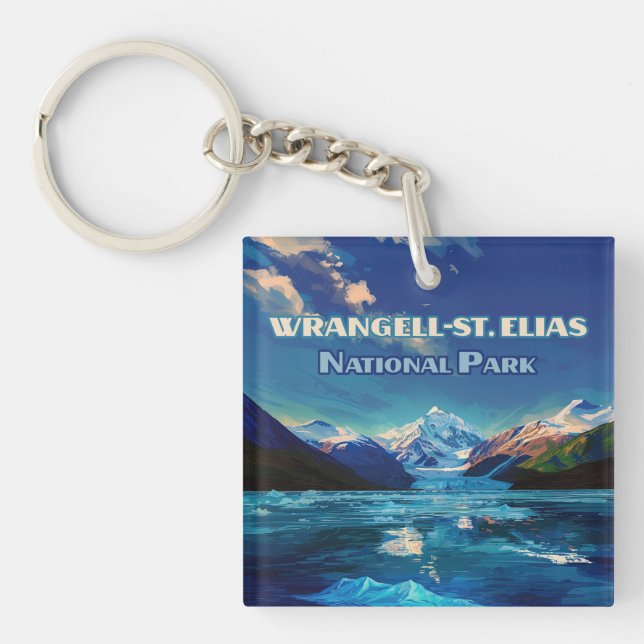 Wrangell St. Elias National Park Alaska Retro Card Keychain (Front)