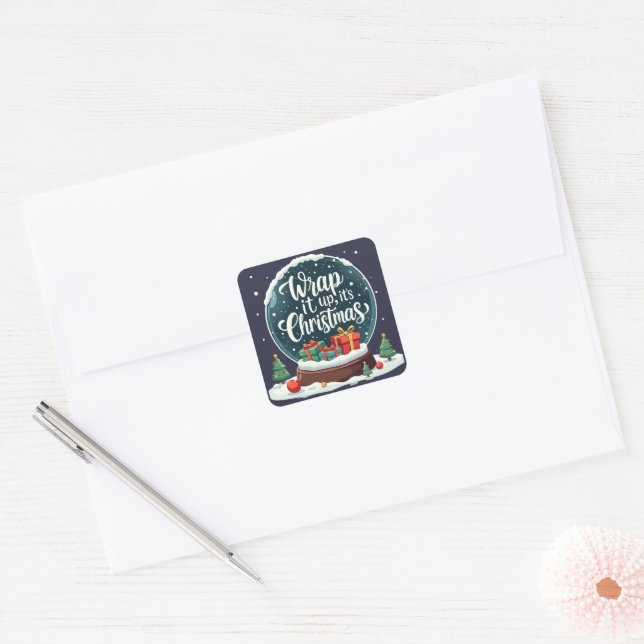 Wrap It Up It’s Christmas Snow Globe Design Square Sticker (Envelope)