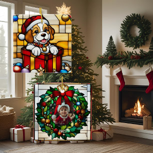 Wrapped Christmas Puppy Faux Stained Glass Ceramic Ornament