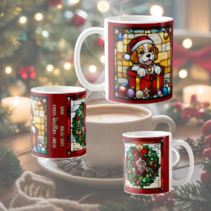 Wrapped Christmas Puppy Faux Stained Glass  Coffee Mug