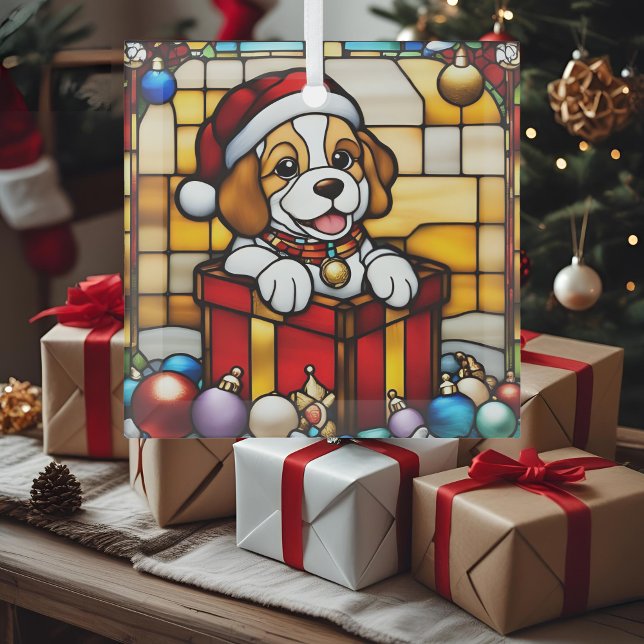Wrapped Christmas Puppy Faux Stained Glass Ornament (Creator Uploaded)