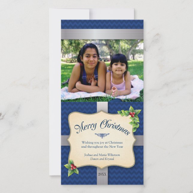 Wrapped Gift Blue Chevron Christmas Holiday Card (Front)