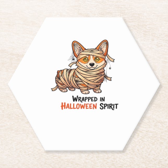 Wrapped in Halloween Spirit � Mummy Corgi with Spi Paper Coaster (Front)
