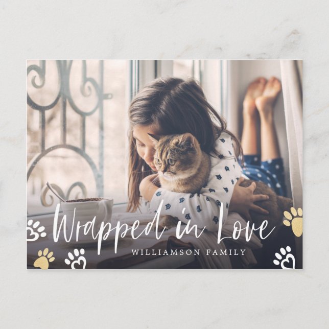 Wrapped In Love | Pet Paw Print Animal Photo Holiday Postcard (Front)