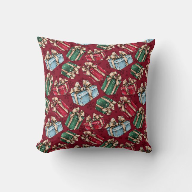 Wrapped Presents Festive Christmas Throw Pillow (Front)