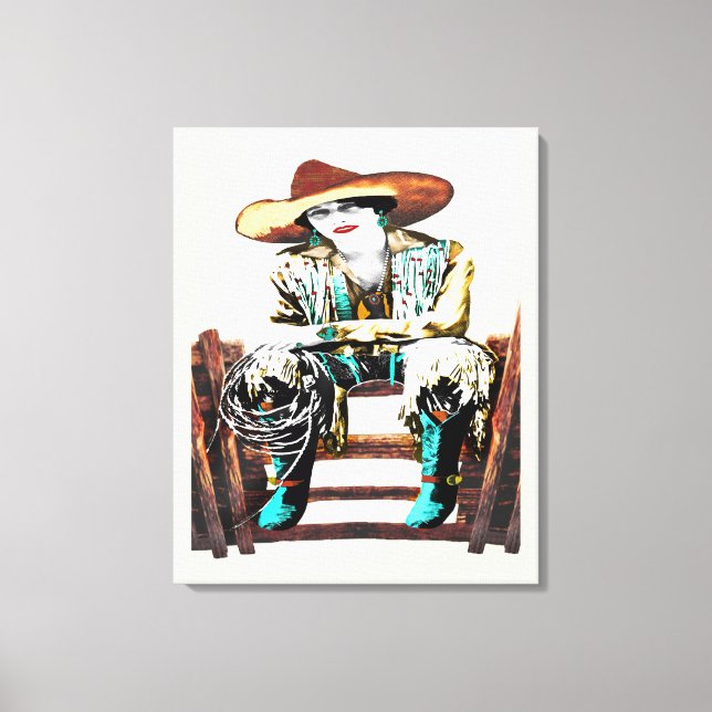 Wrapped Stretched Vintage Cowgirl Canvas Print (Front)
