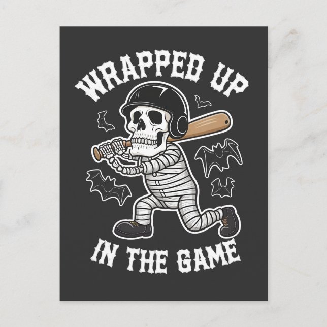 Wrapped up In the Game baseball Halloween  Invitation Postcard (Front)