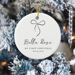 Wrapped With Love Black Bow First Christmas Photo Ceramic Ornament